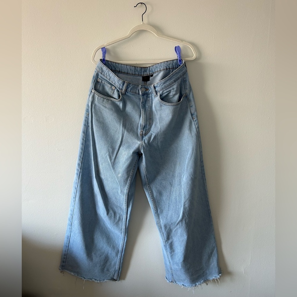 No Boundaries Light Blue Wide Leg Jeans with distressed bottom